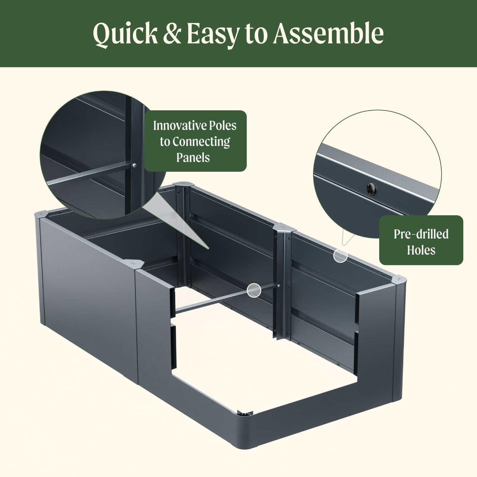 Modern raised garden bed product assembly diagram with text indicating quick and easy assembly, innovative poles, and pre-drilled holes as other notable features.