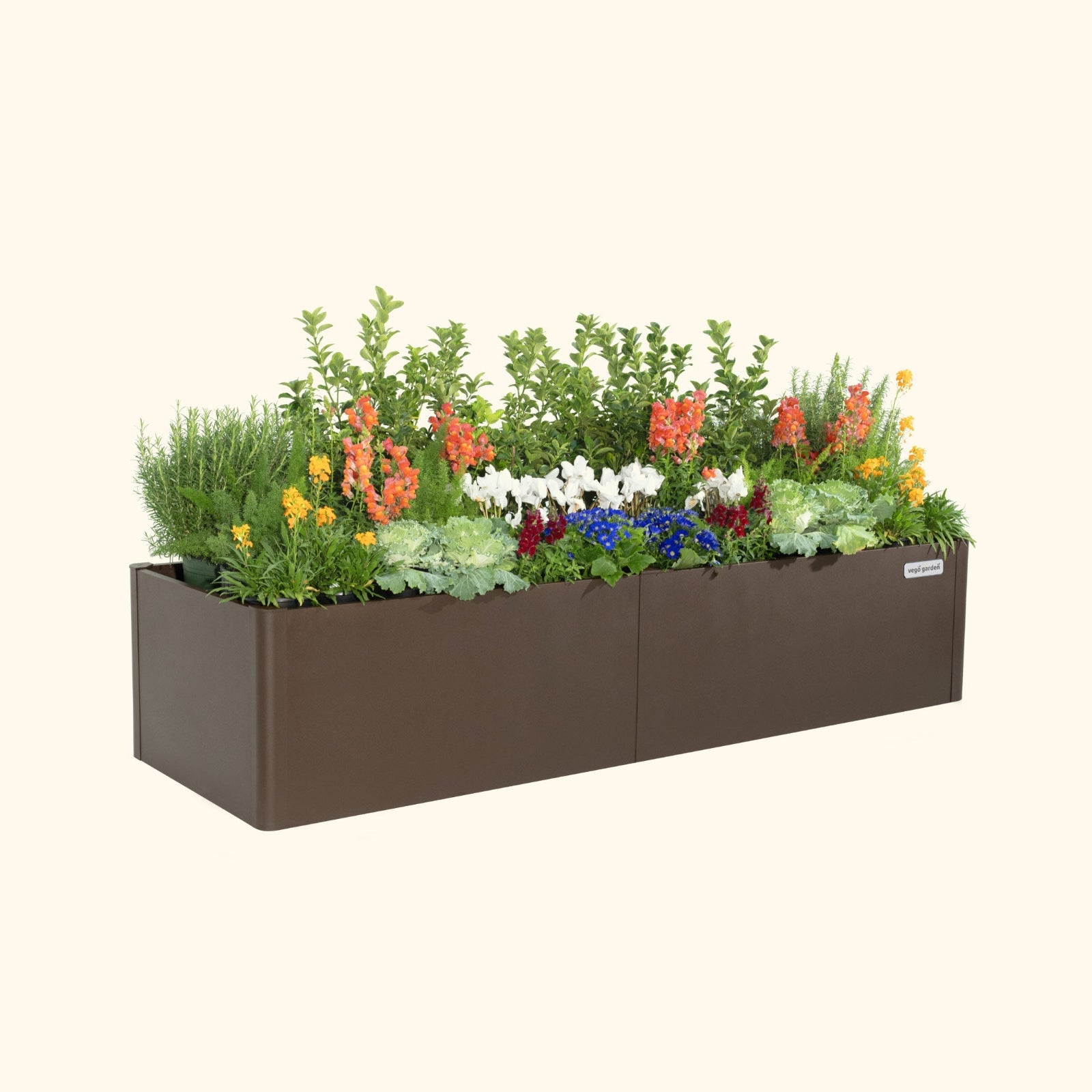 Umber Brown 17 inch tall modern raised garden bed with colorful flowers and plants on a white background.