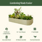10 in 1 Modular Metal Raised Garden bed with text highlighting features including: 10 different configurations, 20 plus year life span, 17 inch height, recyclable metal, 40 minute assembly, and   food safe materials.