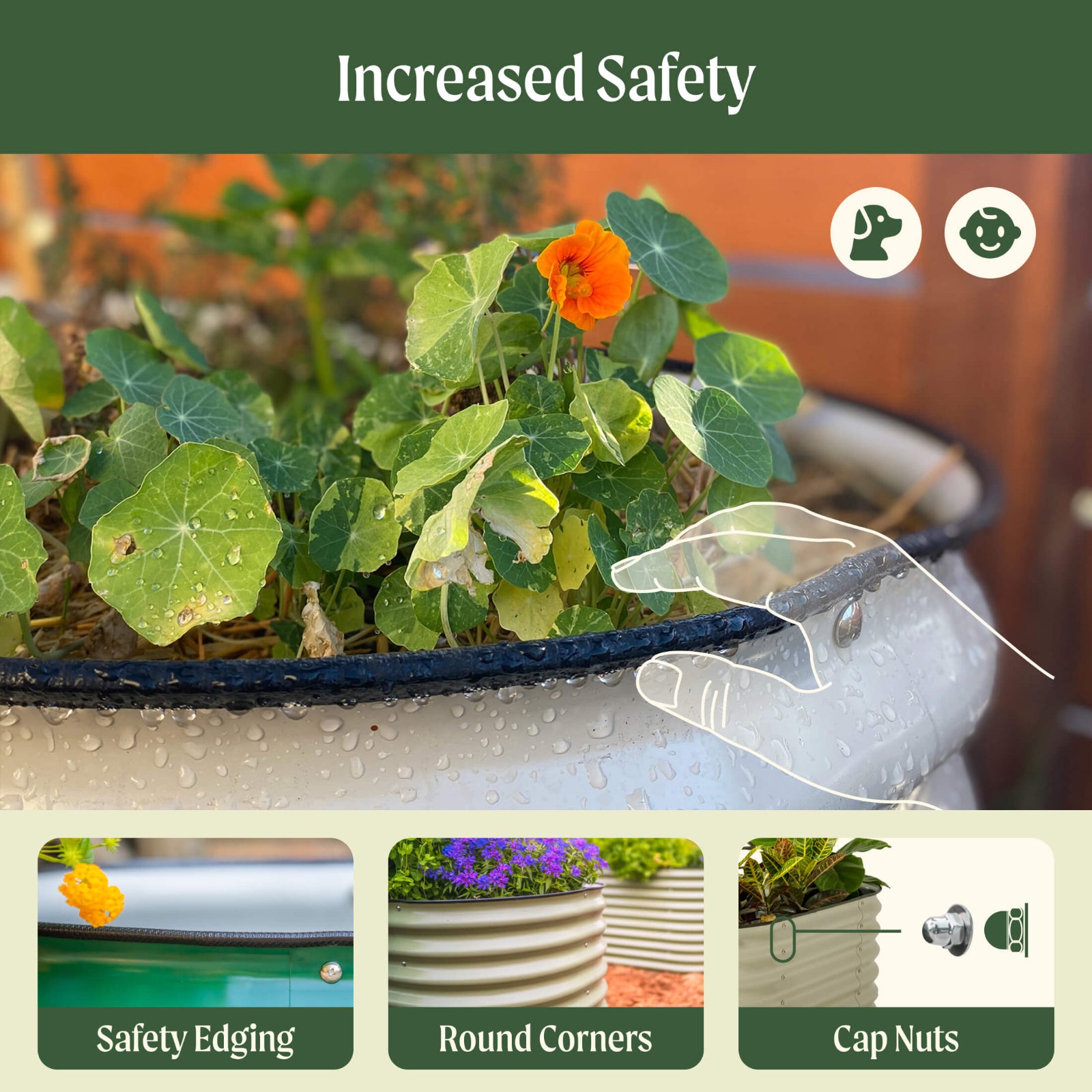 Garden planter with plants, text 'Increased Safety' and safety features highlighted including: safety edging, rounded corners, and cap nuts.