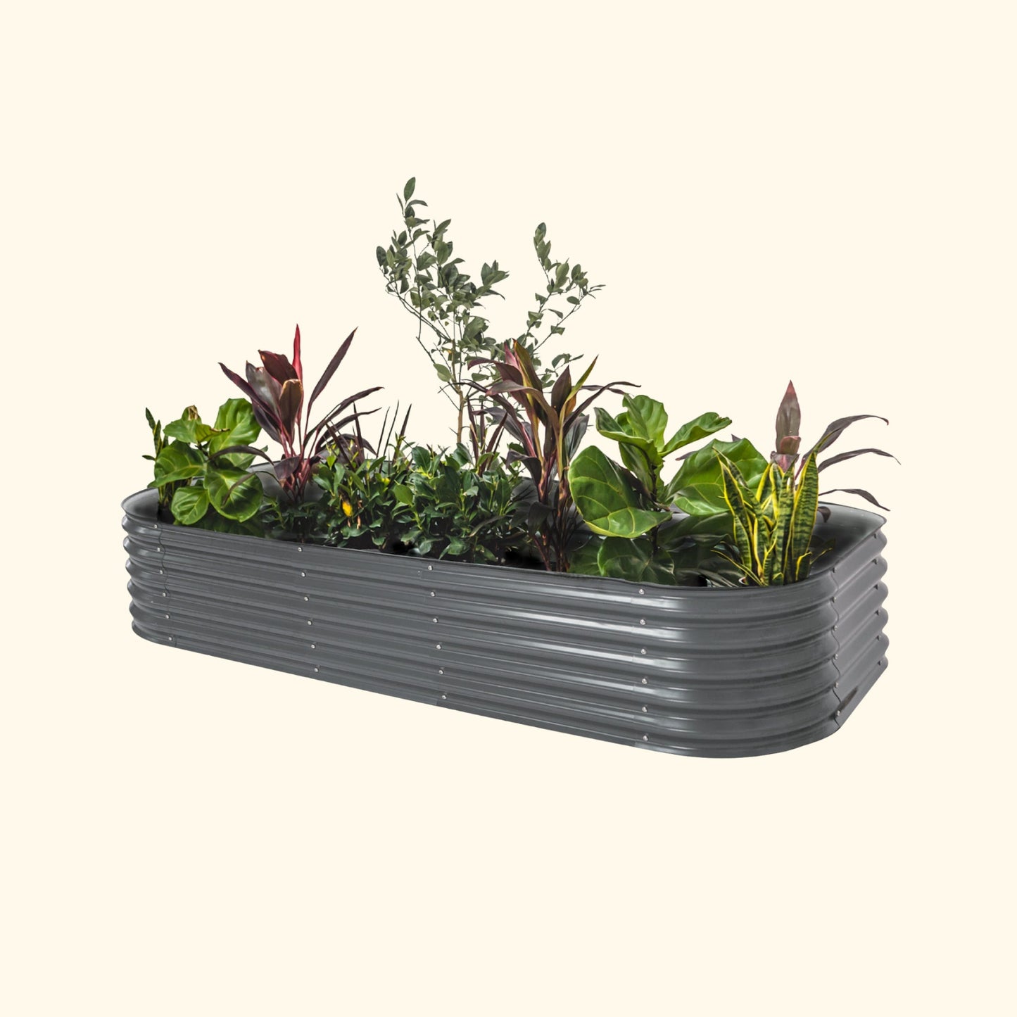 A gray modular metal raised garden bed kit filled with various plants and vegetables.