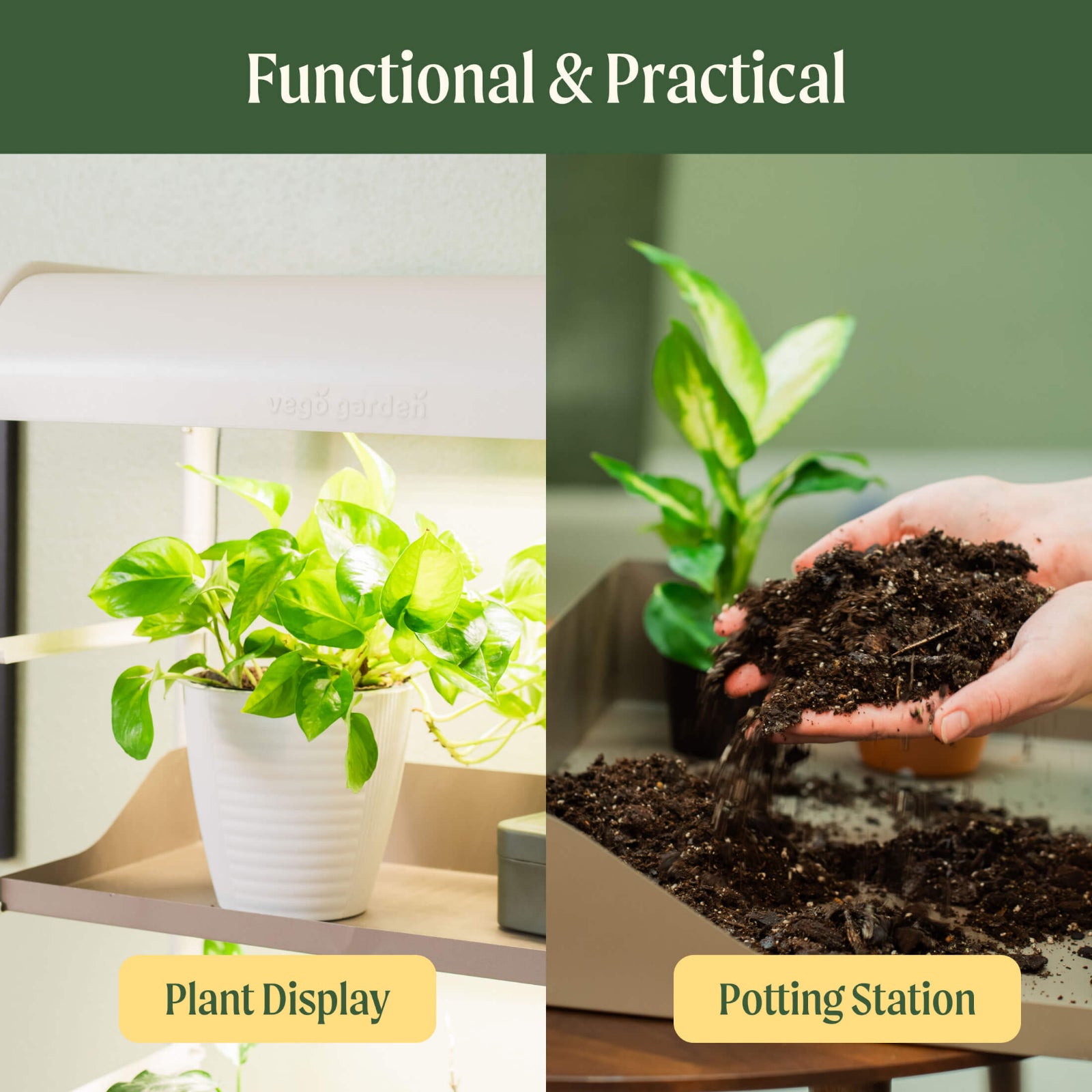 Two images showing a plant display and a potting station with text 'Functional & Practical' and identifying the 2 Tier Grow Light Garden stand features including it serves as a great plant display and potting station.