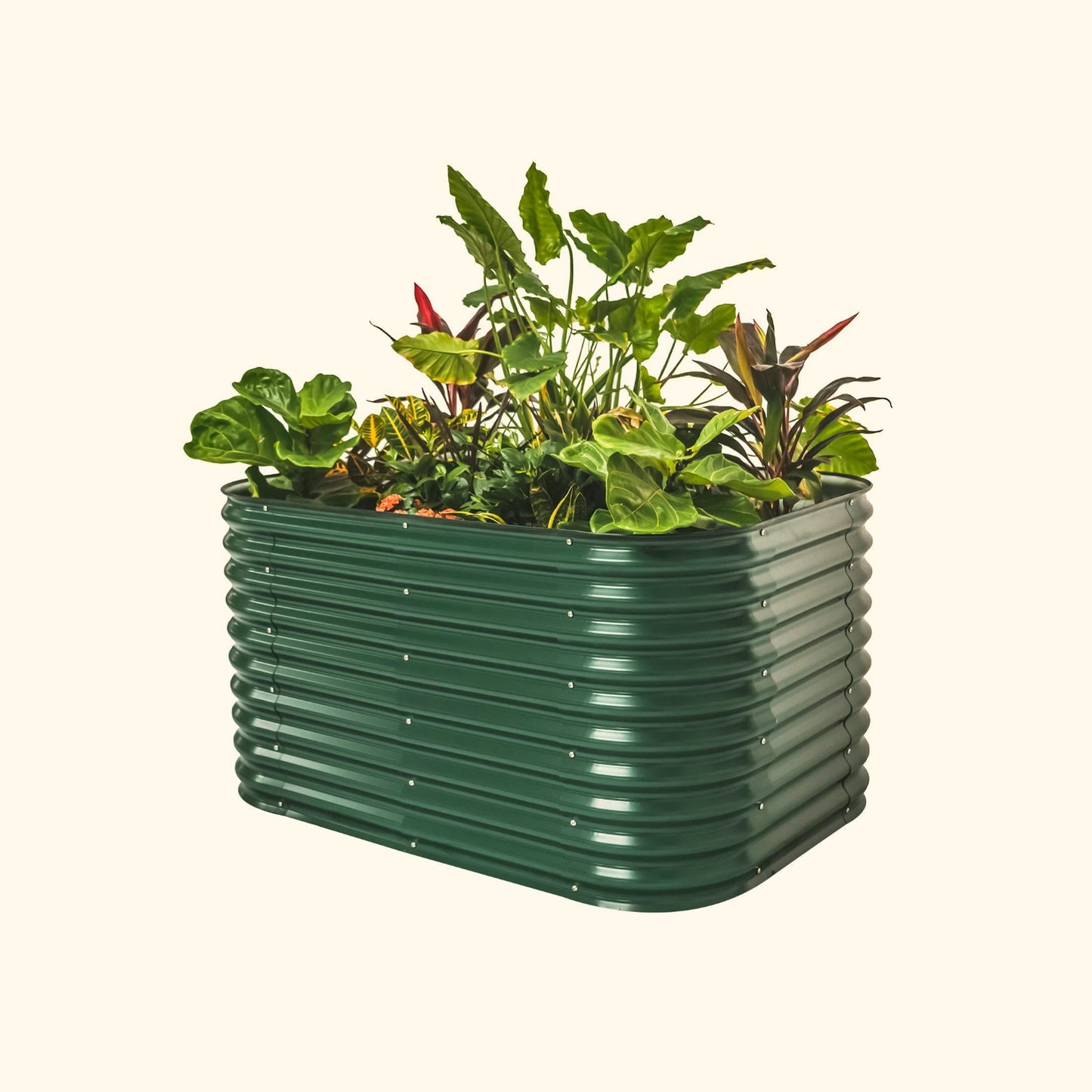 A british green 32 inch extra tall 6 in 1 medium modular metal Garden Bed with colorful flowers and plants on a white background.