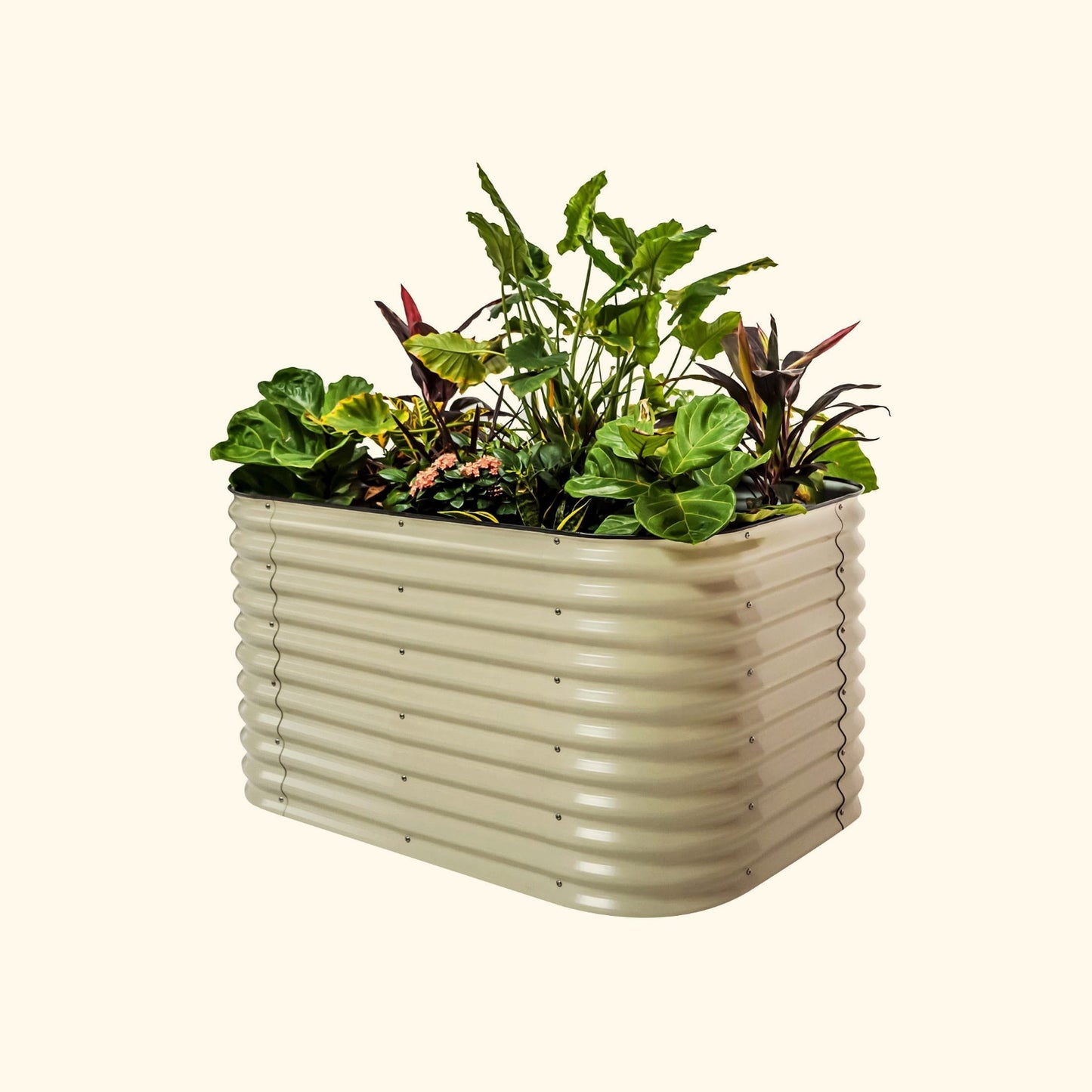 A pearl white 32 inch extra tall 6 in 1 medium modular metal Garden Bed with colorful flowers and plants on a white background.