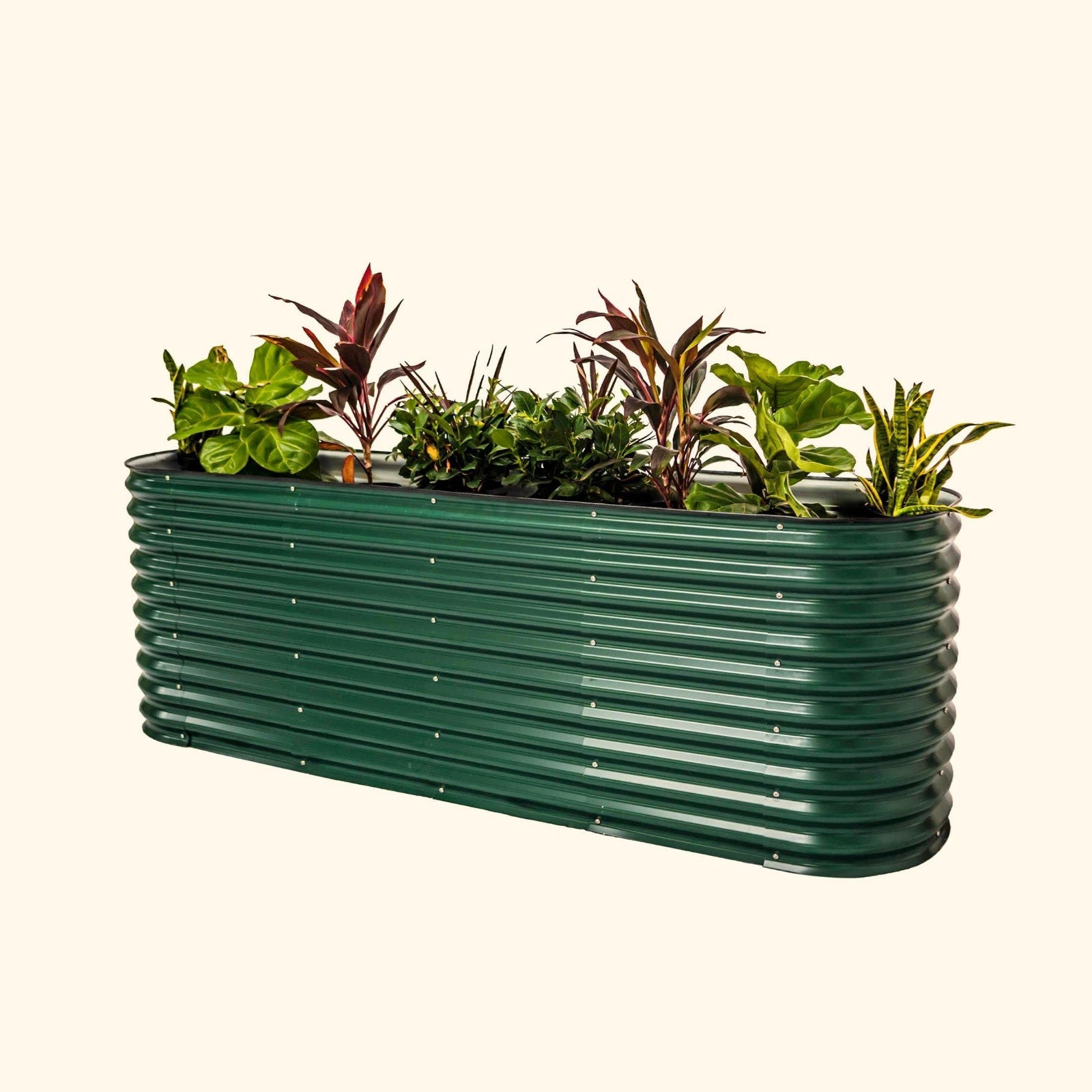 A british green extra tall 9 in one Modular Metal Raised Garden Bed metal raised garden bed with colorful flowers and plants on a white background.