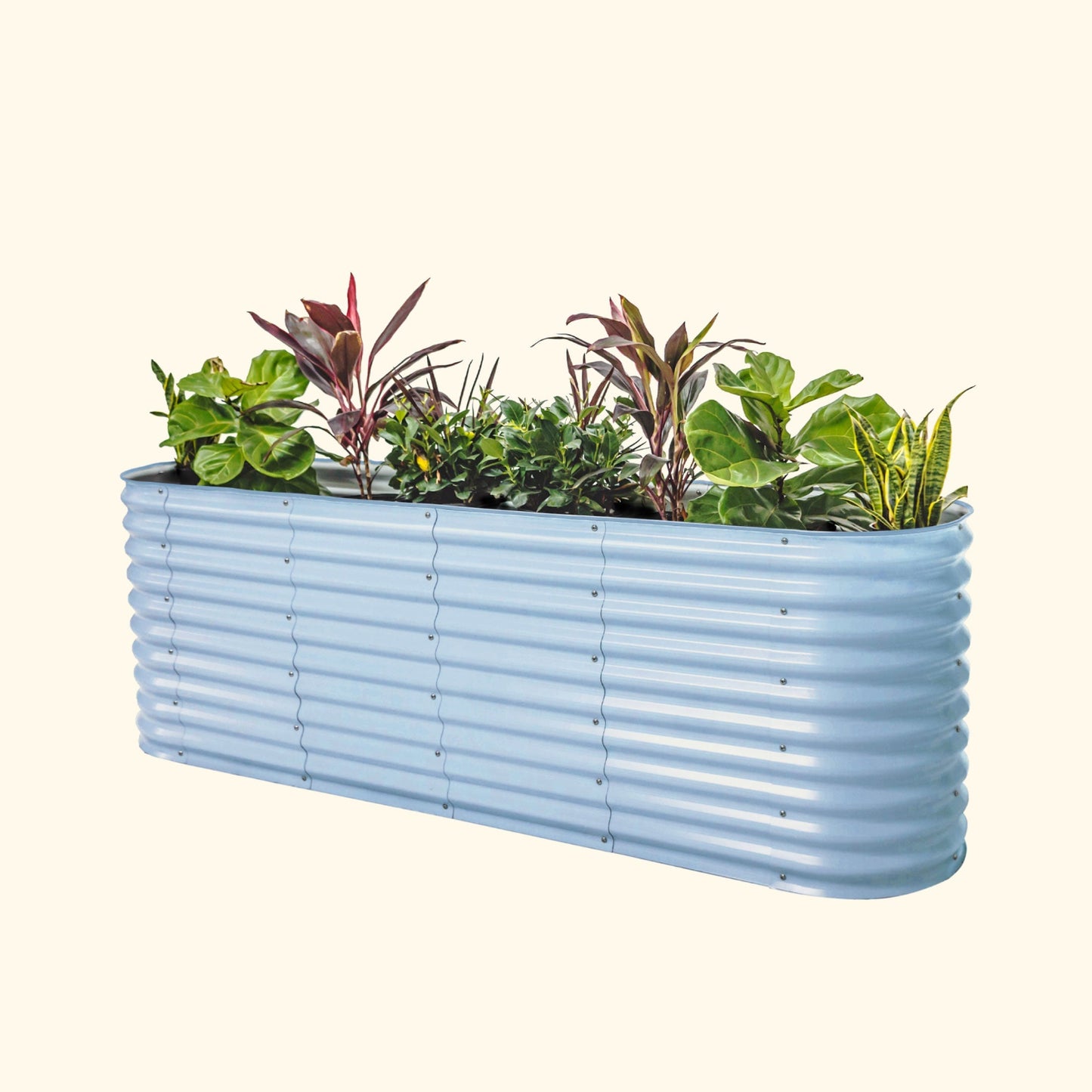 A sky blue extra tall 9 in one Modular Metal Raised Garden Bed metal raised garden bed with colorful flowers and plants on a white background.