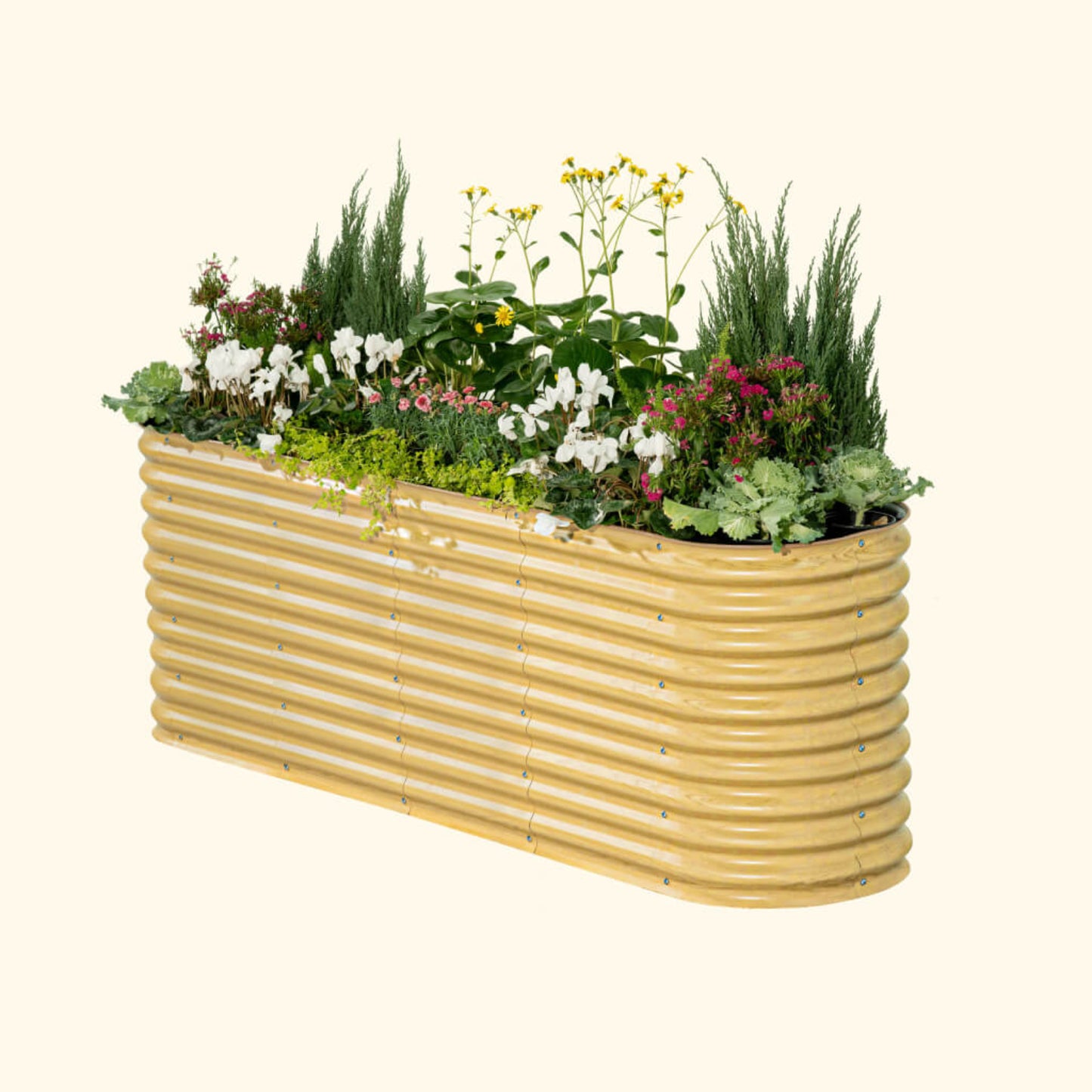 A sunlit oak extra tall 9 in one Modular Metal Raised Garden Bed metal raised garden bed with colorful flowers and plants on a white background.