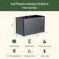 Black metal garden planter with dimensions of 27 inches wide by 53 inches long by 32 inches tall and included features: modern design, double-walled, temperature control, 100% recyclable metal, rounded corners, and long lasting.