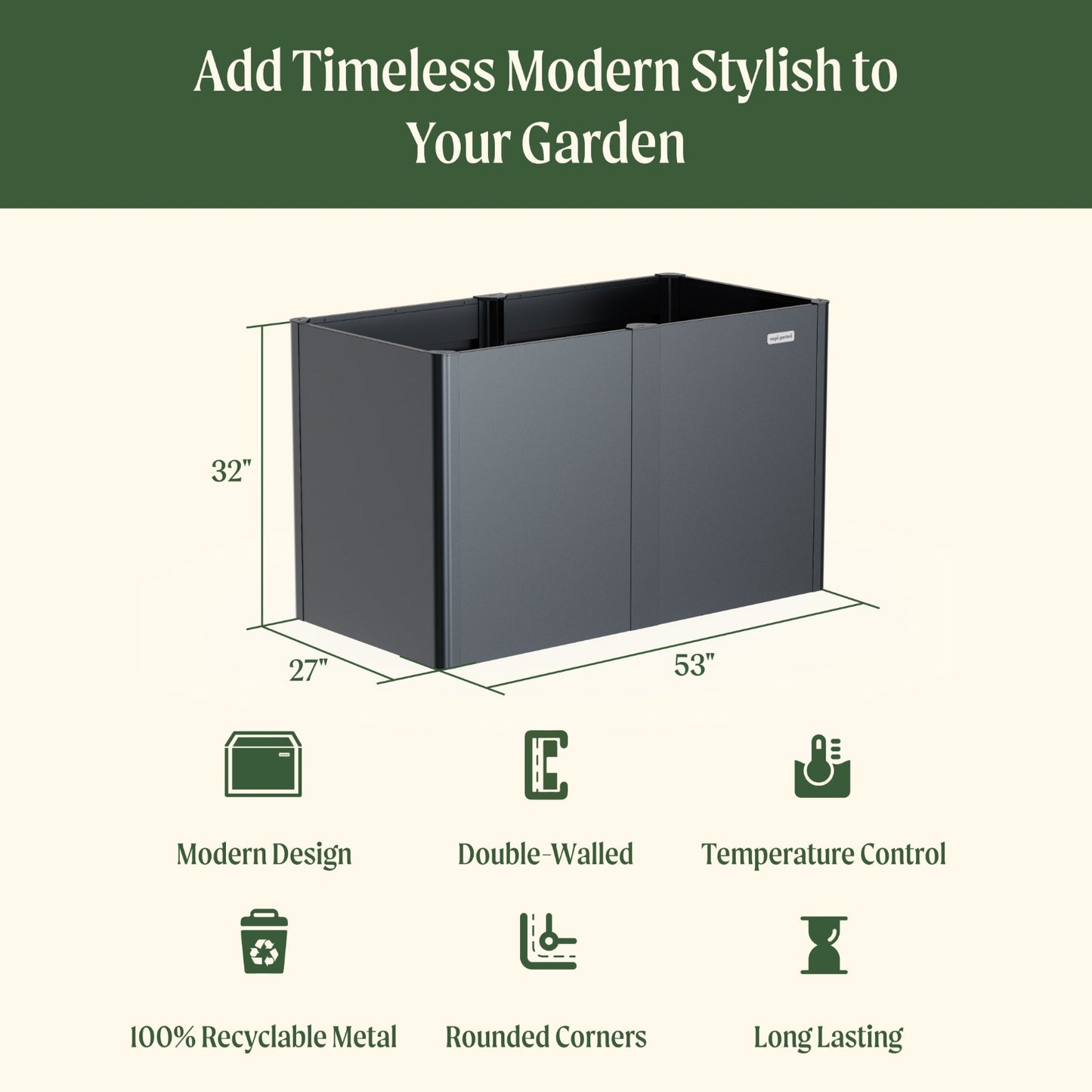 Black metal garden planter with dimensions of 27 inches wide by 53 inches long by 32 inches tall and included features: modern design, double-walled, temperature control, 100% recyclable metal, rounded corners, and long lasting.