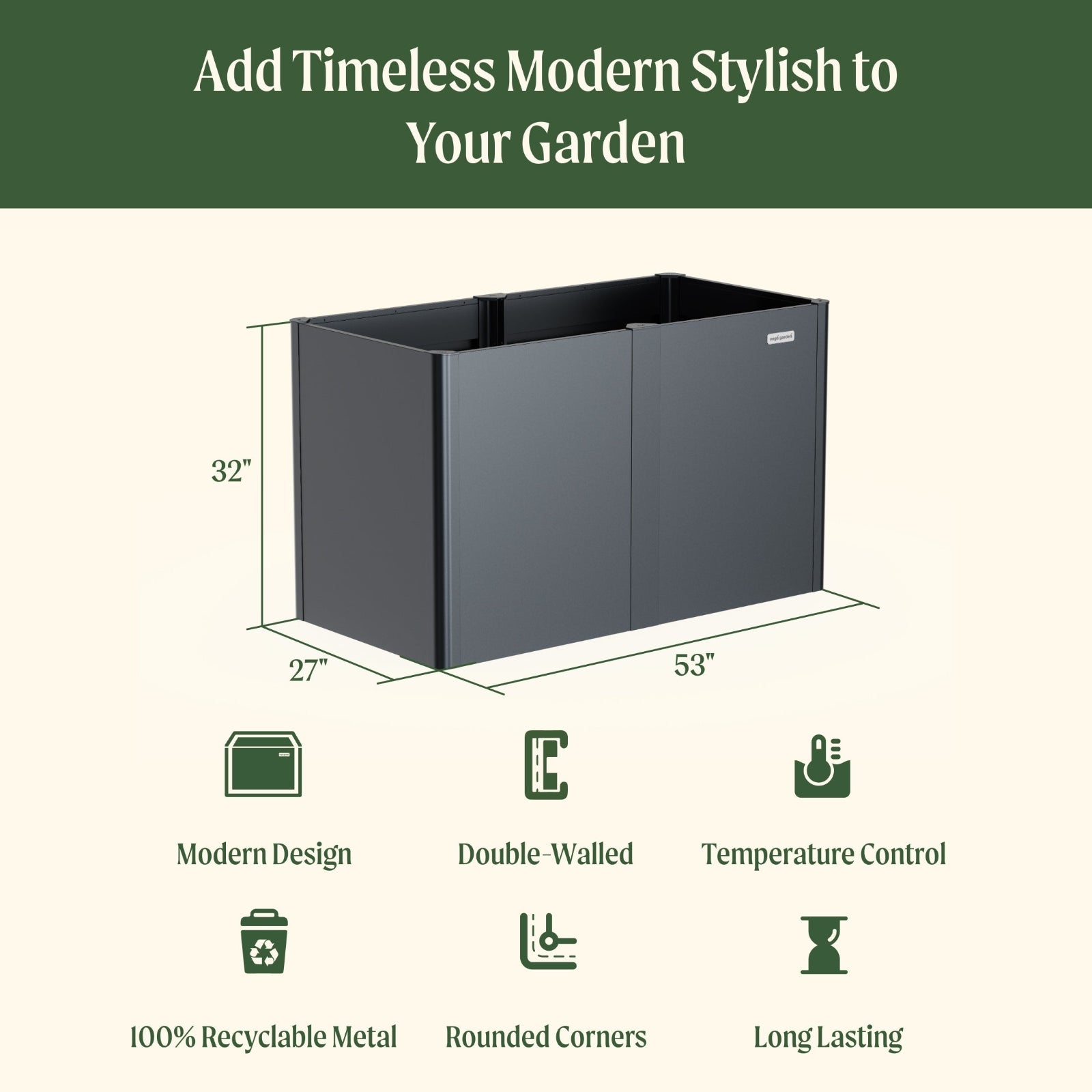 Black metal garden planter with dimensions of 27 inches wide by 53 inches long by 32 inches tall and included features: modern design, double-walled, temperature control, 100% recyclable metal, rounded corners, and long lasting.