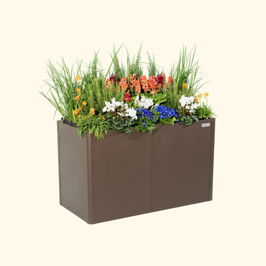 An umber brown 32 inch extra tall  modern metal Garden Bed with colorful flowers and plants on a white background.