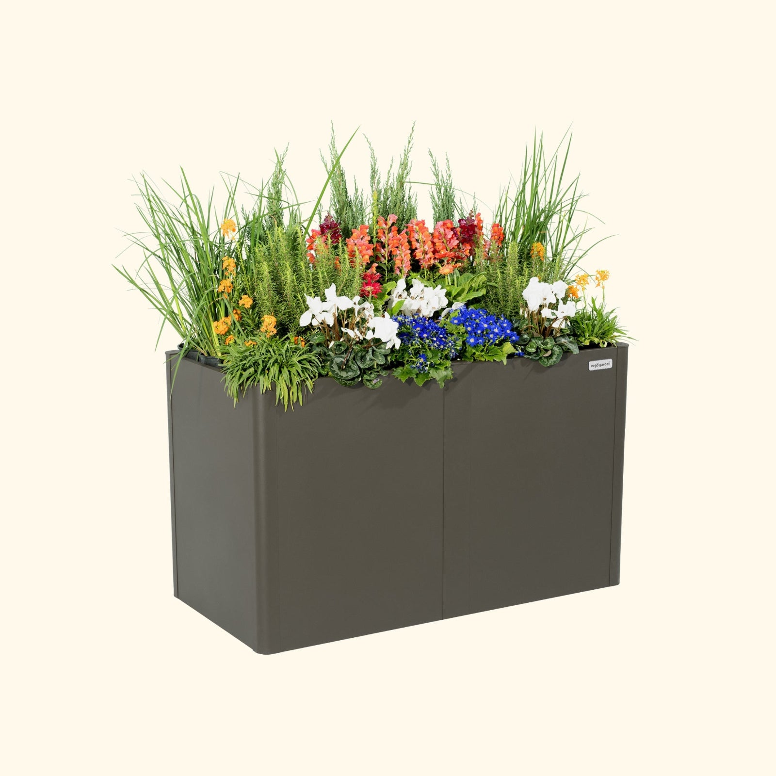 An urban charcoal 32 inch extra tall  modern metal Garden Bed with colorful flowers and plants on a white background.