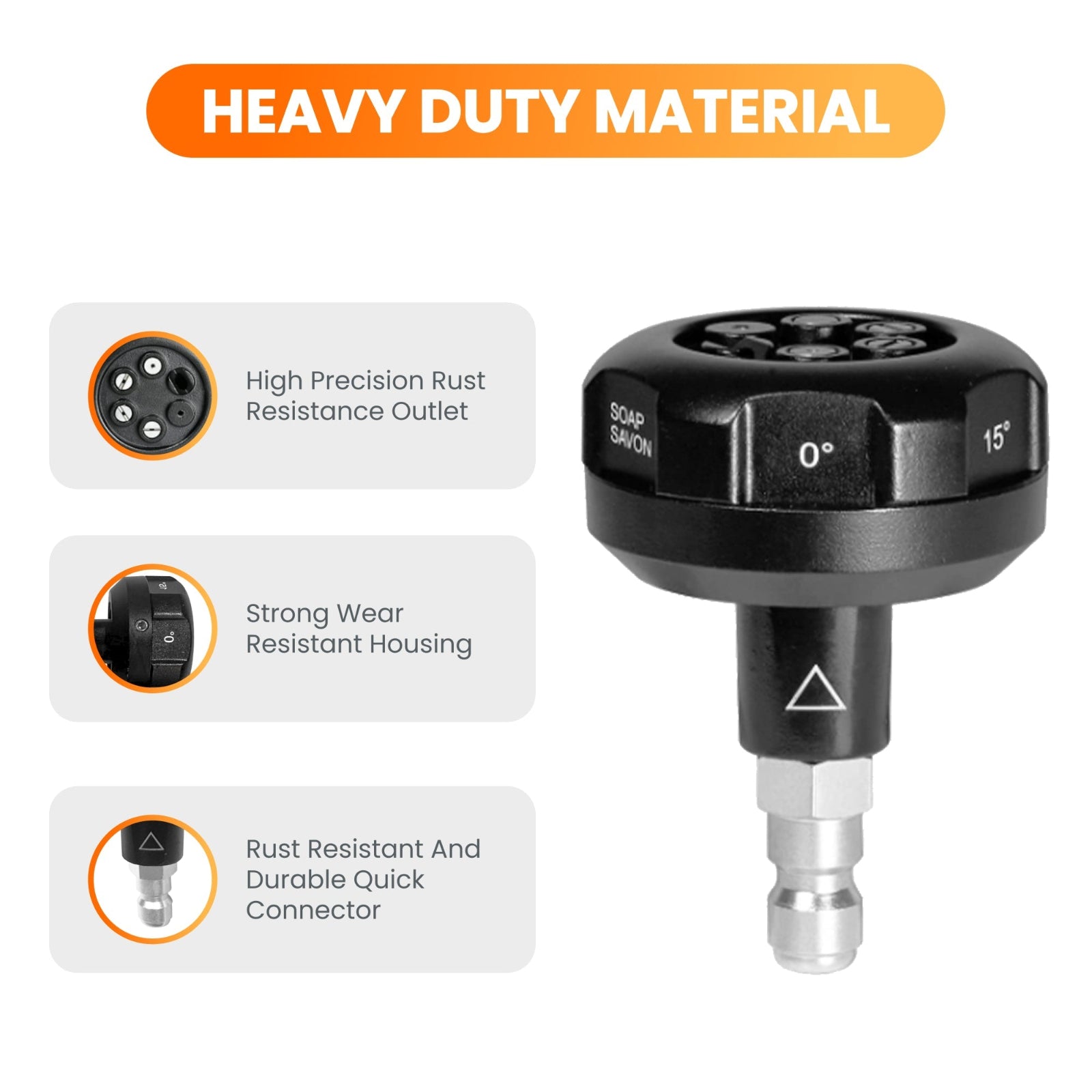 6 in 1 Adjustable Pressure Washer Spray Nozzle with labeled high quality material features on a white background