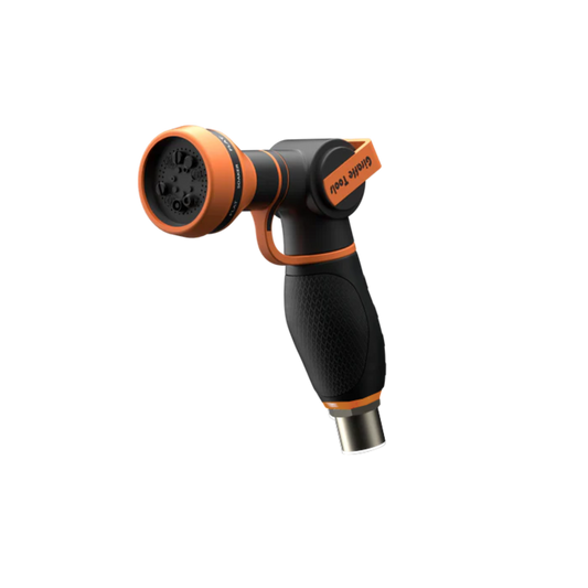 Black and orange 9 pattern adjustable garden hose nozzle on a white background