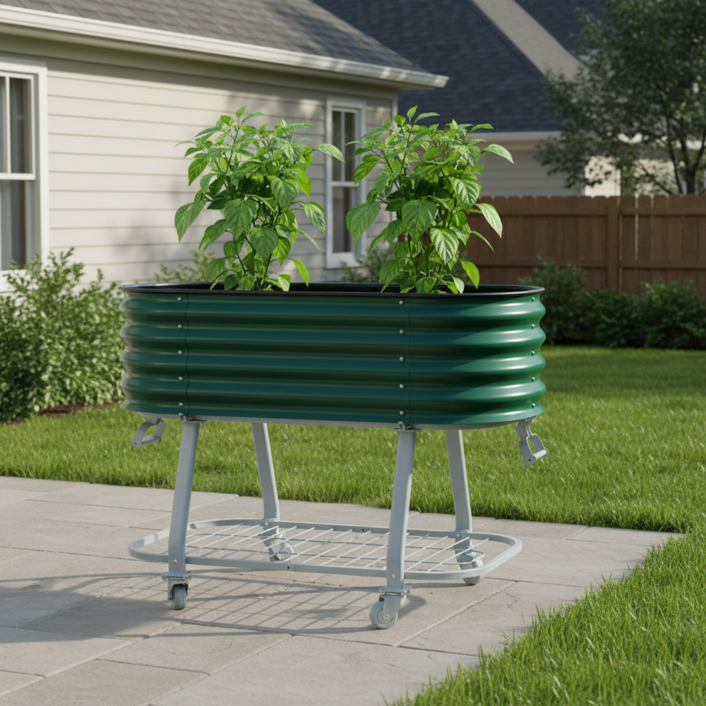 British Green elevated metal garden bed with wheels and self watering system with two pepper plants growing sitting on a patio in a backyard.