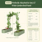 The VAT15 arched trellis system with dimensions and compatibility information for models of gardens beds with on a green background.