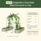 The VAT70 arched trellis system with dimensions and compatibility information for models of gardens beds with on a green background.