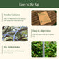 Image outlining how easy to setup the Arched Trellis System is including: detailed guidance with an easy to read instruction manual with assembly video QR code, easy to align poles, and pre-drilled holes and no power tools required,