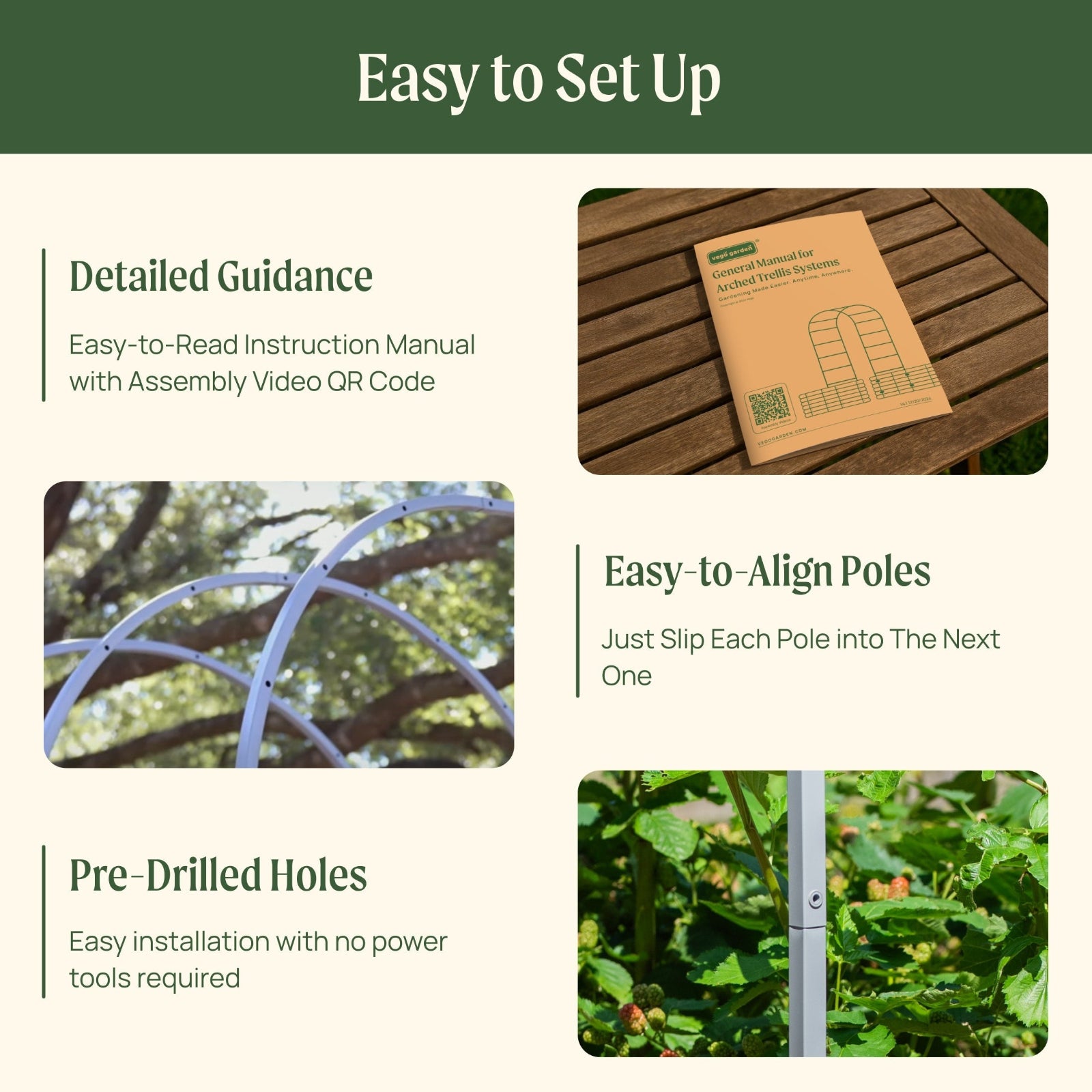 Image outlining how easy to setup the Arched Trellis System is including: detailed guidance with an easy to read instruction manual with assembly video QR code, easy to align poles, and pre-drilled holes and no power tools required,