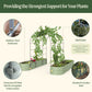 Arched trellis system highlighting stainless steel hardware. steel frame, flush fit connectors to the corrugated pattern of a garden bed so it can be directly mounted.