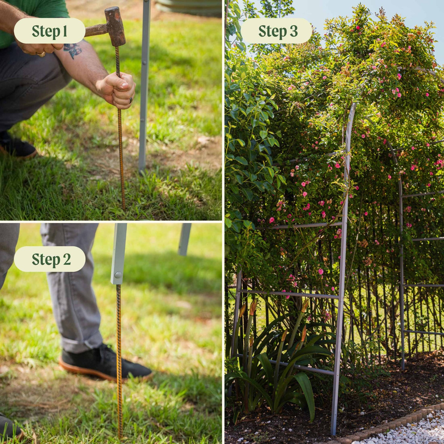 Step-by-step guide showing how to install an arched garden trellis in the ground