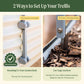 Two methods for setting up the arched trellis with connectors to mount directly to a raised garden bed and anchors  for use in the ground on a green background.