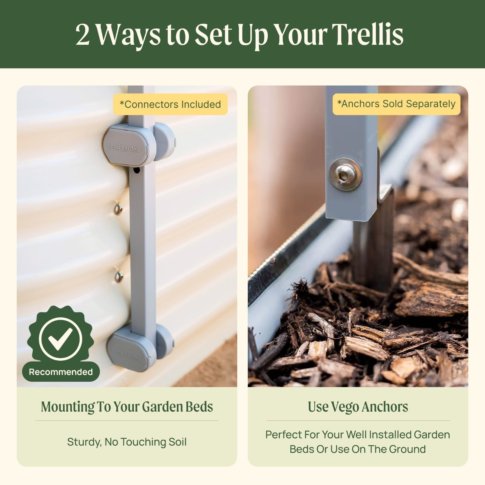 Two methods for setting up the arched trellis with connectors to mount directly to a raised garden bed and anchors  for use in the ground on a green background.