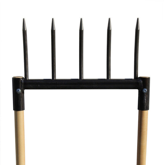 Broadfork Garden Tool with wooden handles and metal prongs on a white background