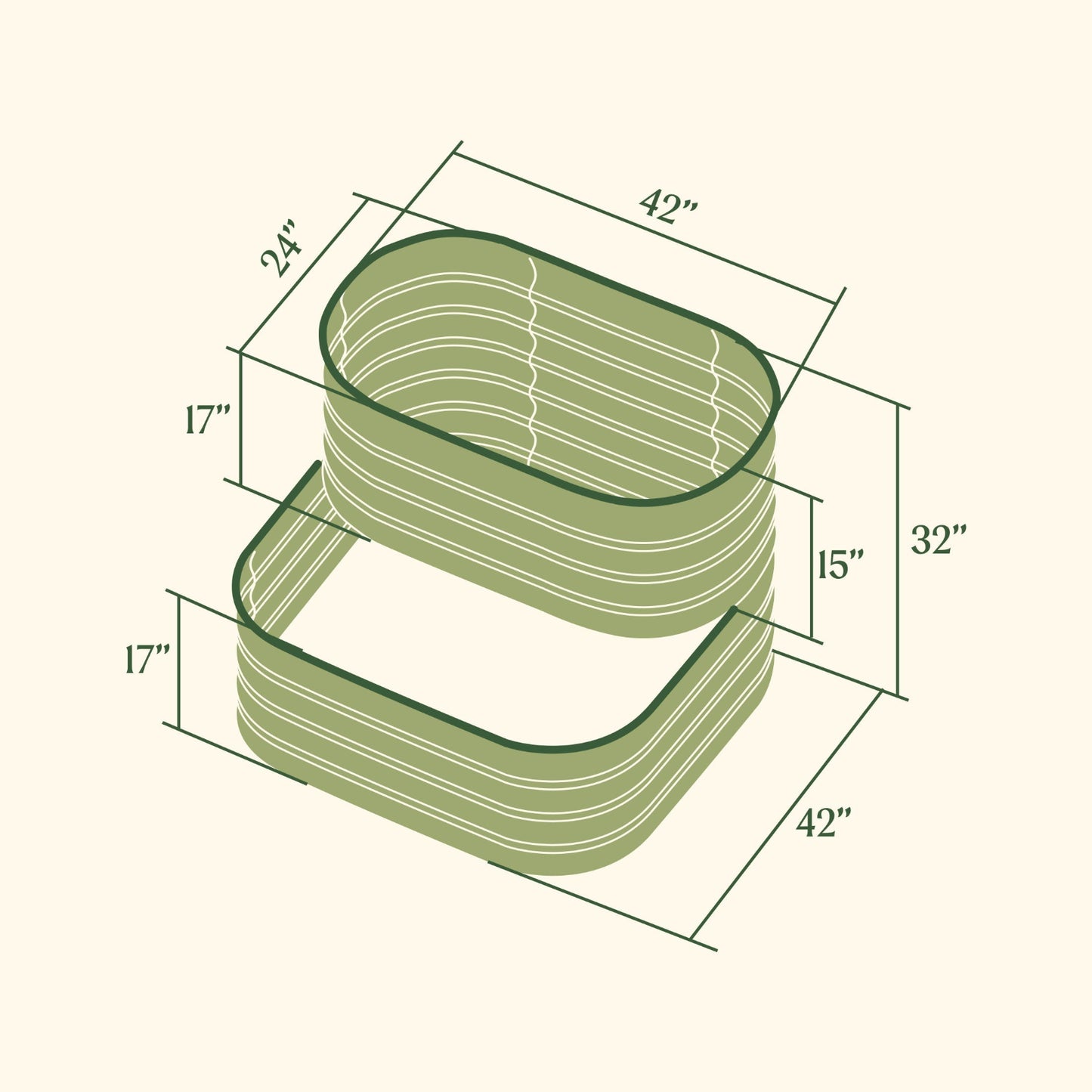 Rendering of the cascading metal Garden Bed with dimensions outlined on a white background.

The bottom tier measures 17 inches tall by 42 inches wide by 42 inches long.

The top tier measure 17 inches tall by 24 inches wide by 42 inches long.