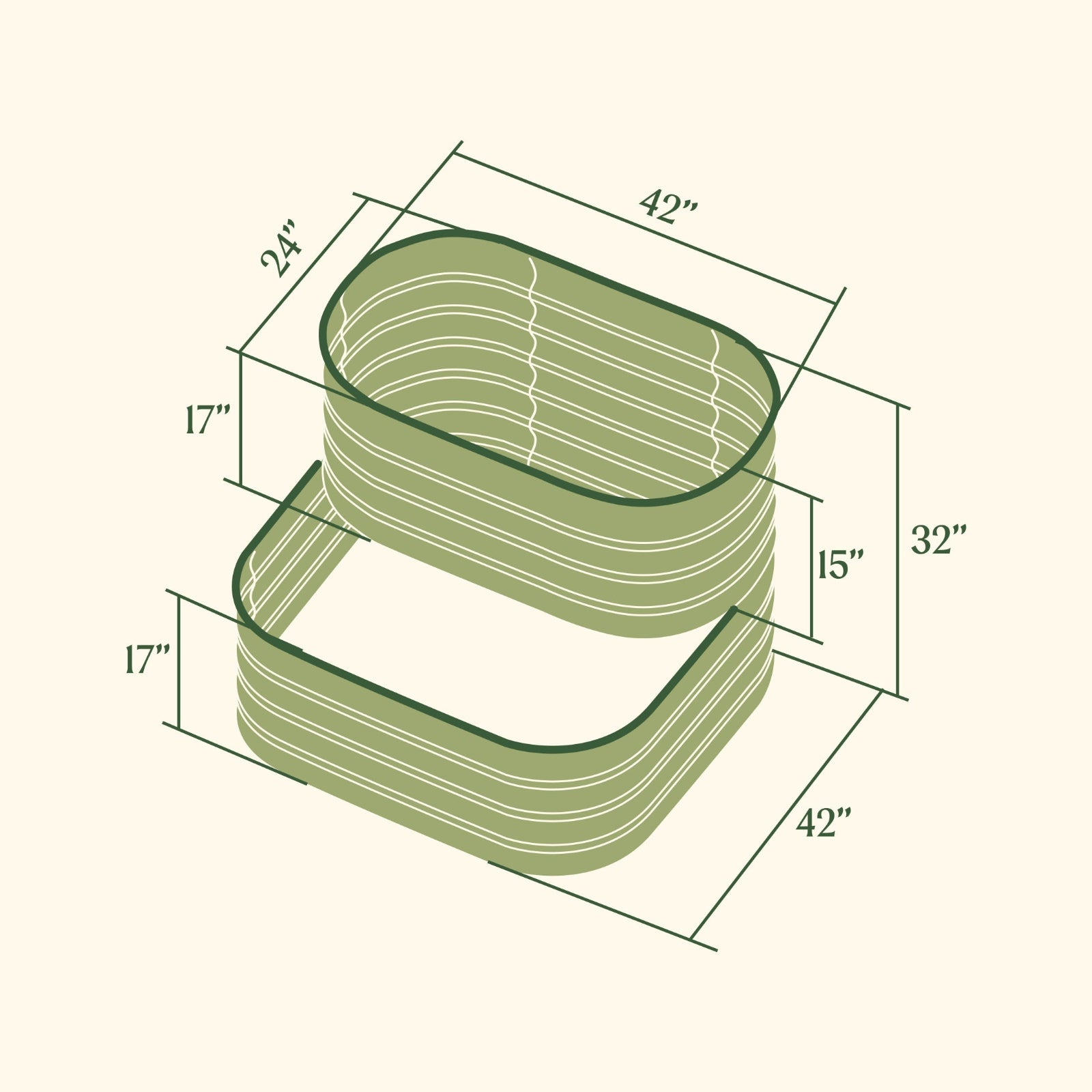 Rendering of the cascading metal Garden Bed with dimensions outlined on a white background.

The bottom tier measures 17 inches tall by 42 inches wide by 42 inches long.

The top tier measure 17 inches tall by 24 inches wide by 42 inches long.