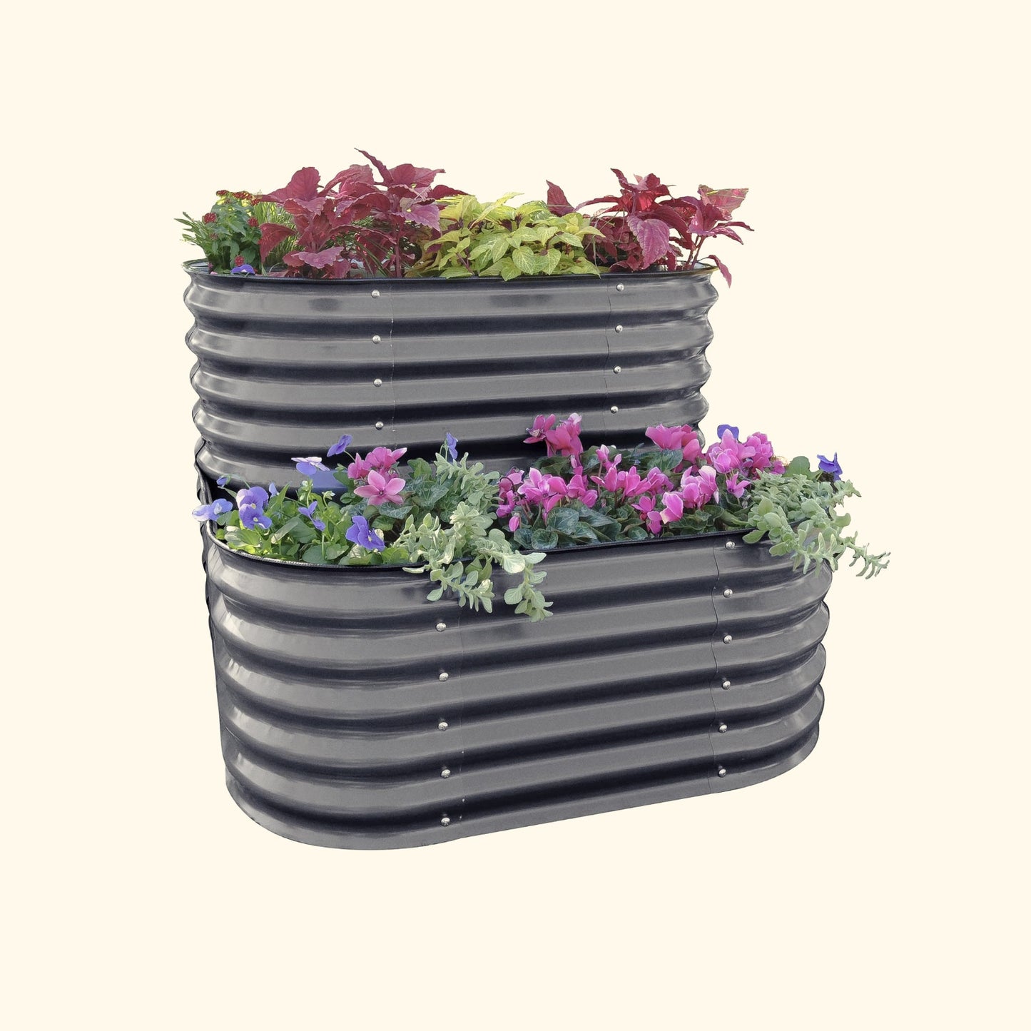 A modern gray cascading metal Garden Bed with colorful flowers and plants on a white background.