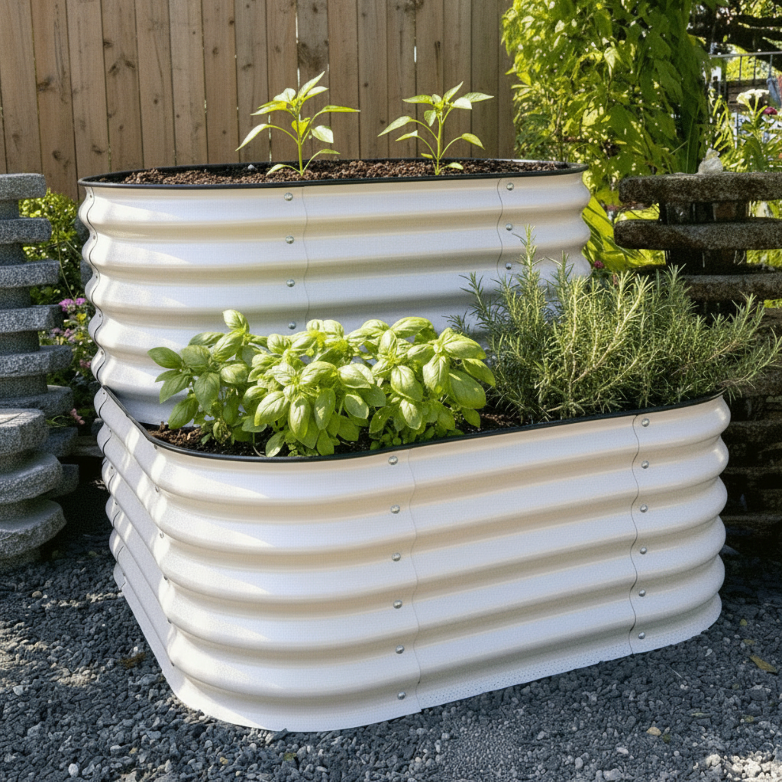 Pearl white cascading metal raised garden bed with basil and rosemary in the lower tier and two young pepper plants planted in the top tier. 