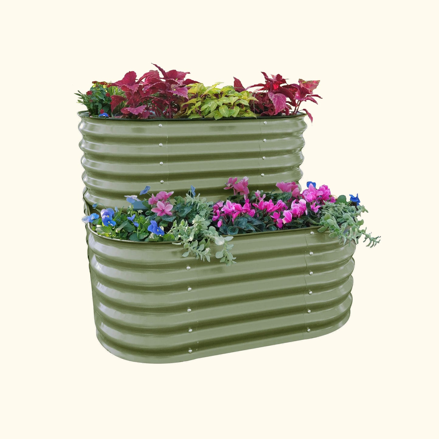 An olive green cascading metal Garden Bed with colorful flowers and plants on a white background.