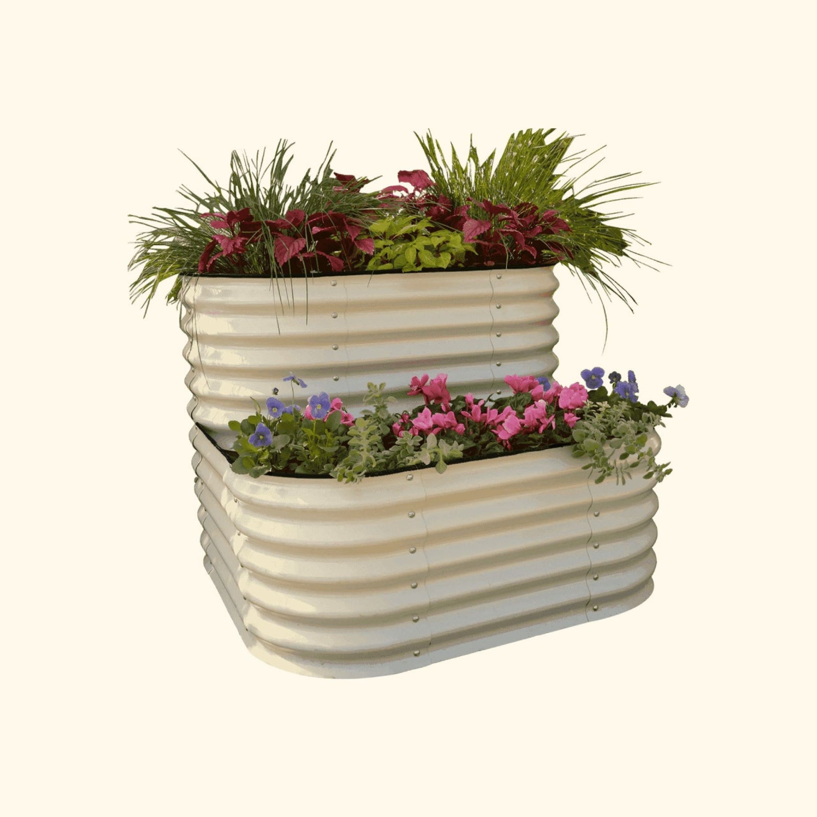 A pearl white  cascading metal Garden Bed with colorful flowers and plants on a white background.