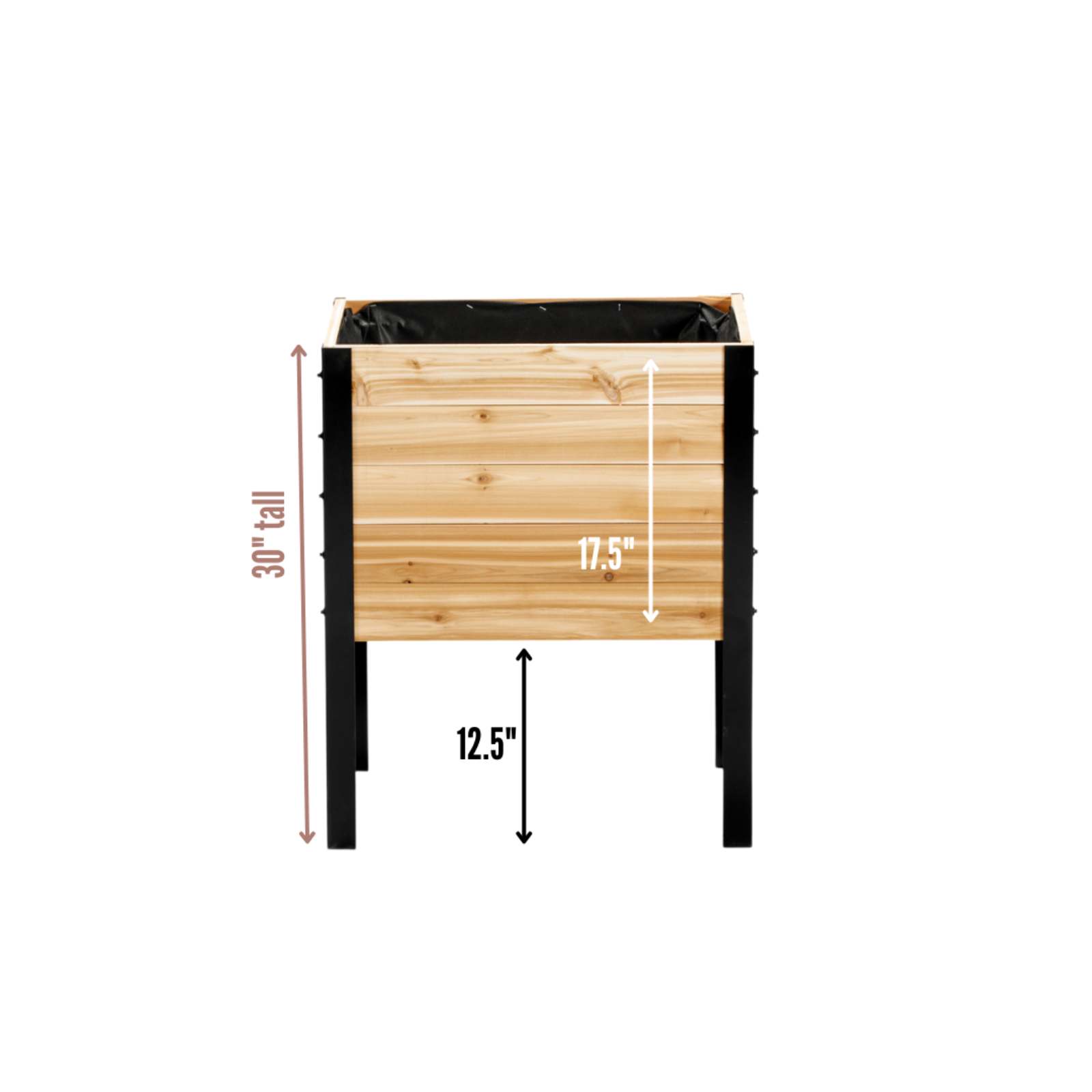 Cedar Planters 18x24 inch raised garden bed dimension diagram: 30 inch total height, 12.5 inch ground clearance, 17.5 inch box height