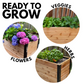 Cedar Planters 18x48 inch planter box with text including ready to grow: three planters shown with vegetables, flowers, and herbs