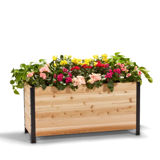 Cedar Planters 18x48 inch planter box 24 inches tall filled with colorful plants on white background 