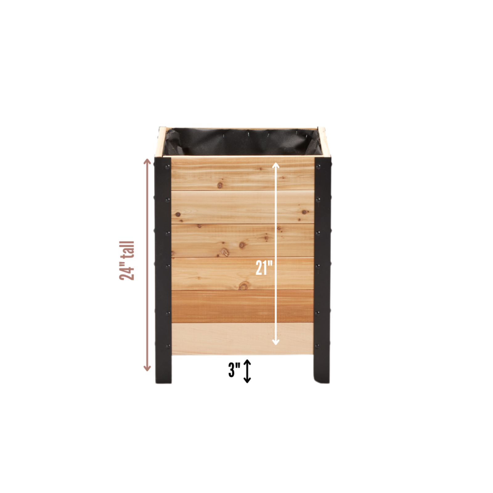 Cedar Planters 18x18 inch planter box dimension diagram: 24 inch total height, 3 inch ground clearance, 21 inch box height