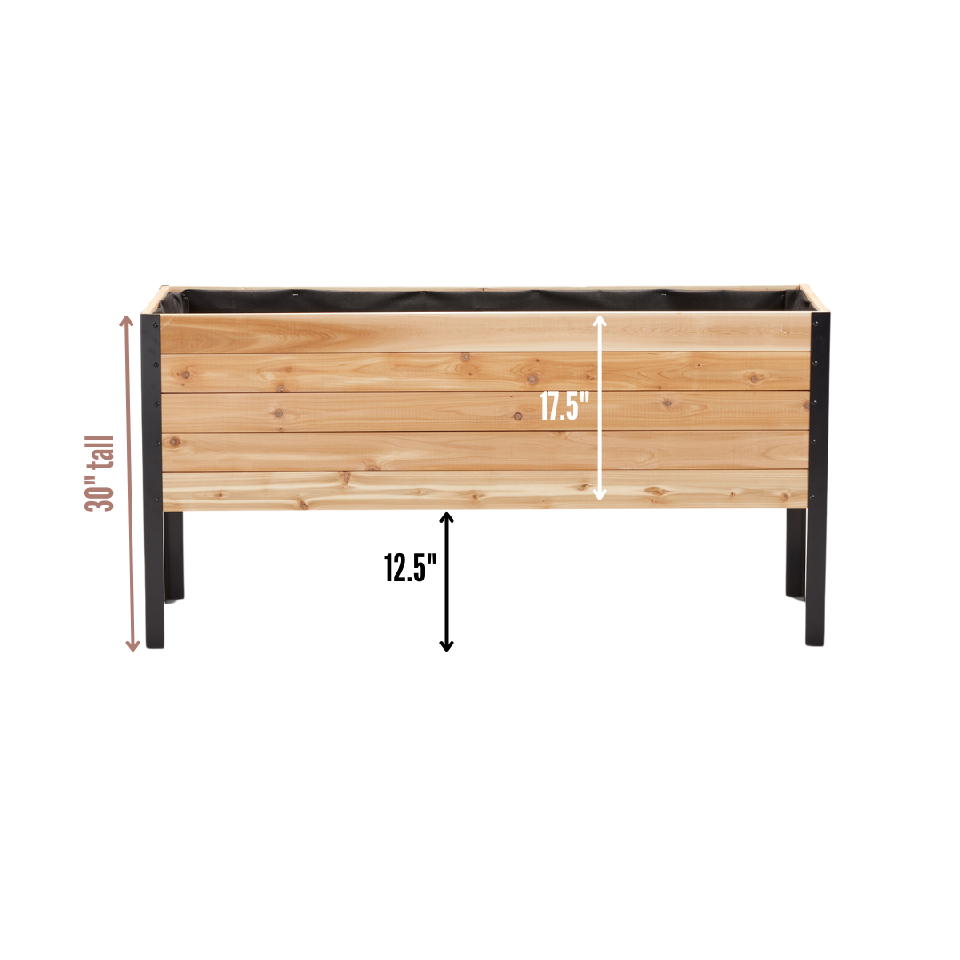 Cedar Planters 18x60 inch raised garden bed dimension diagram: 30 inch total height, 12.5 inch ground clearance, 17.5 inch box height