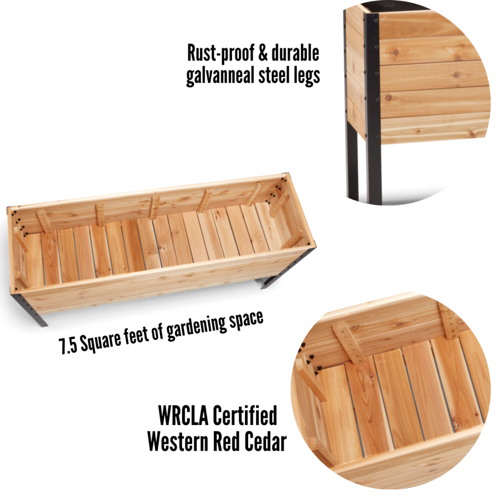 Cedar Planters 18x60 inch raised garden bed feature callouts: rust-proof galvanneal steel legs, 7.5 square feet of gardening space, and WRCLA certified Western Red Cedar