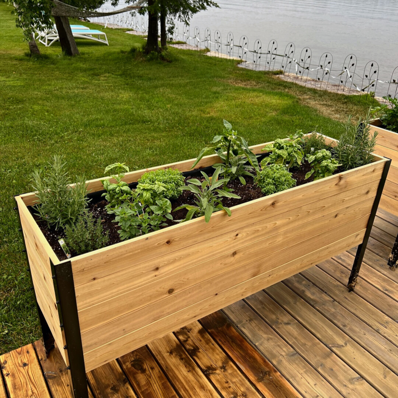 Cedar Planters 18x60 inch raised garden bed with plants in a backyard setting.