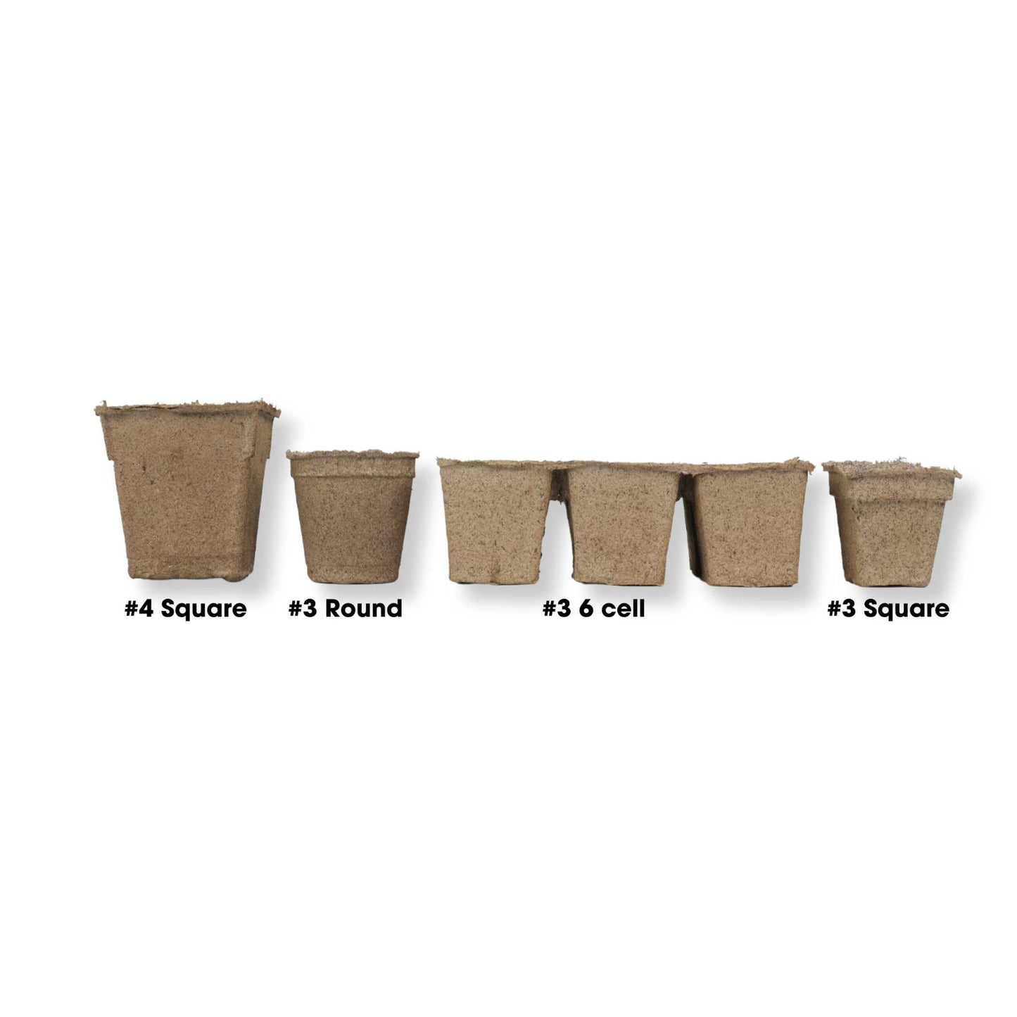 Set of five biodegradable seed starting pots with labels indicating their sizes on a white background