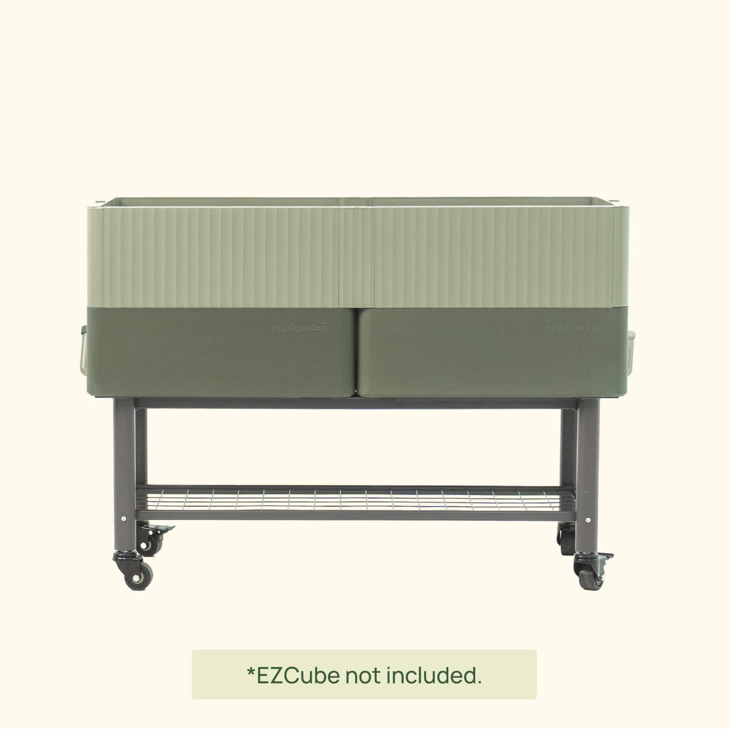 EZCube Elevated Rolling Planter Cart on a white background with the 21″ x 48″ EZCube Self-Watering Planter installed. 