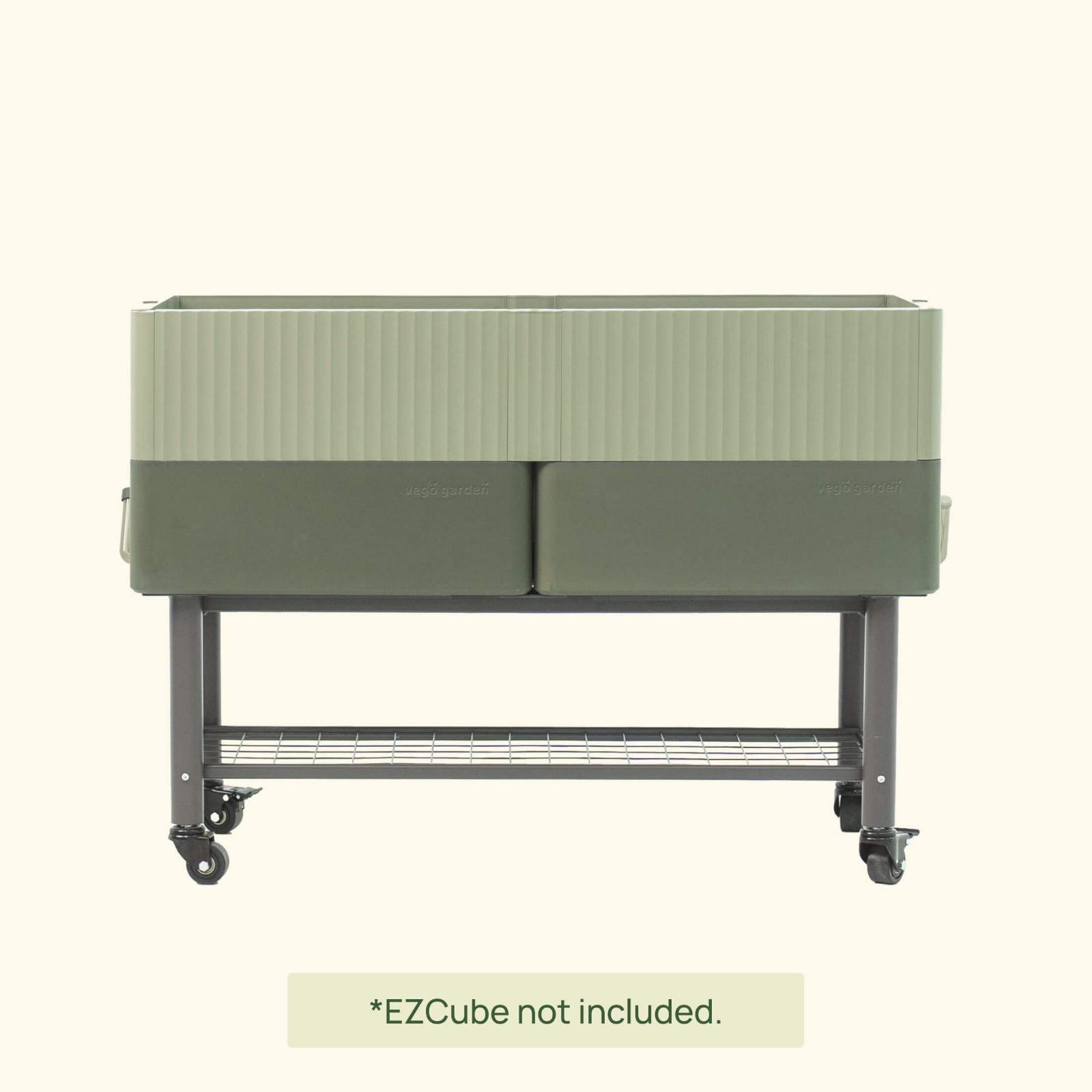 EZCube Elevated Rolling Planter Cart on a white background with the 21″ x 48″ EZCube Self-Watering Planter installed. 