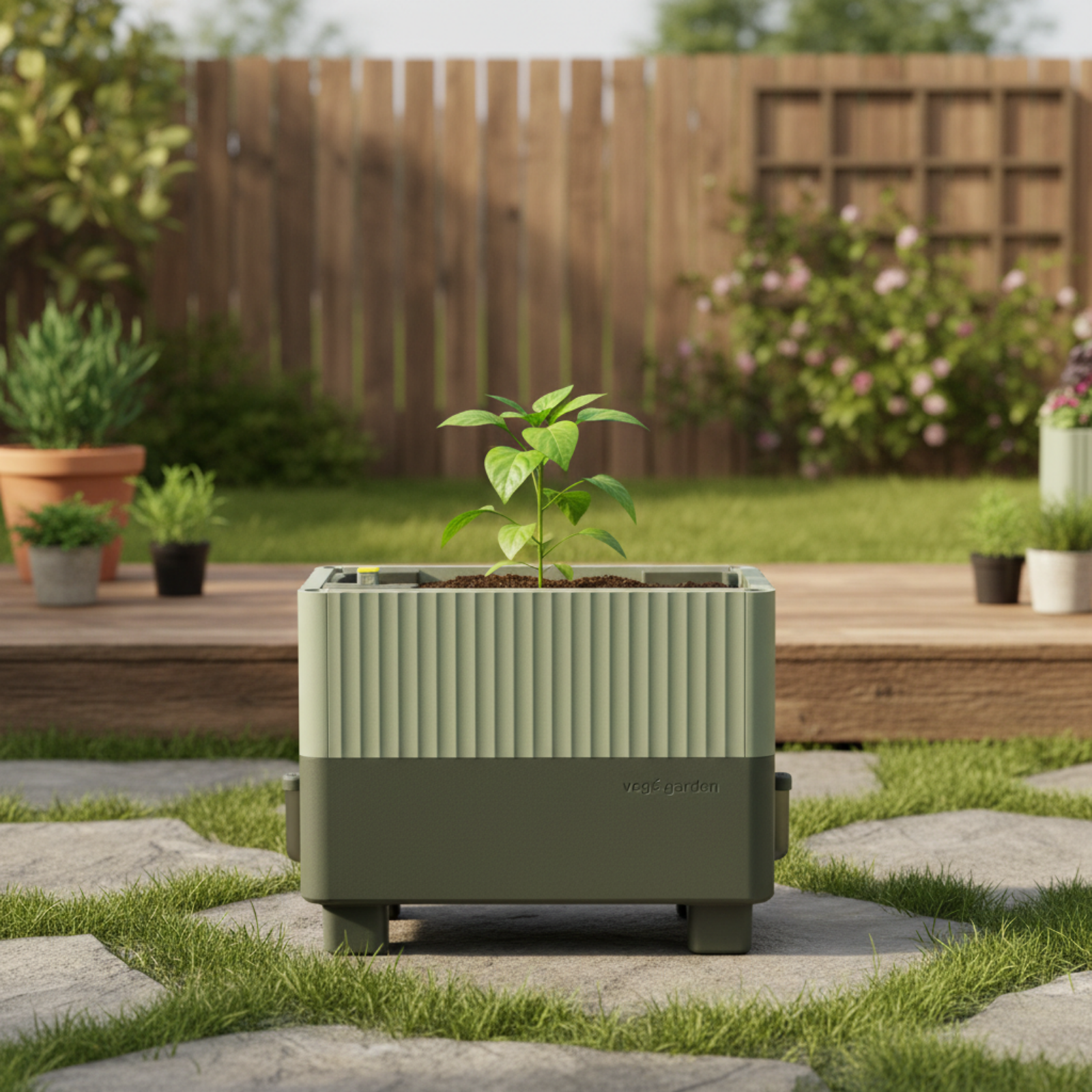 EZCube Self-Watering Planter – 21″ x 24″  with a young pepper plant in a backyard