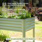 Green metal raised garden bed with plants, text highlighting stability features, and blurred outdoor background.

Features include: one-piece welded corner and leg construction, holds up to 1400 pounds, and designed for a 20-year lifespan.