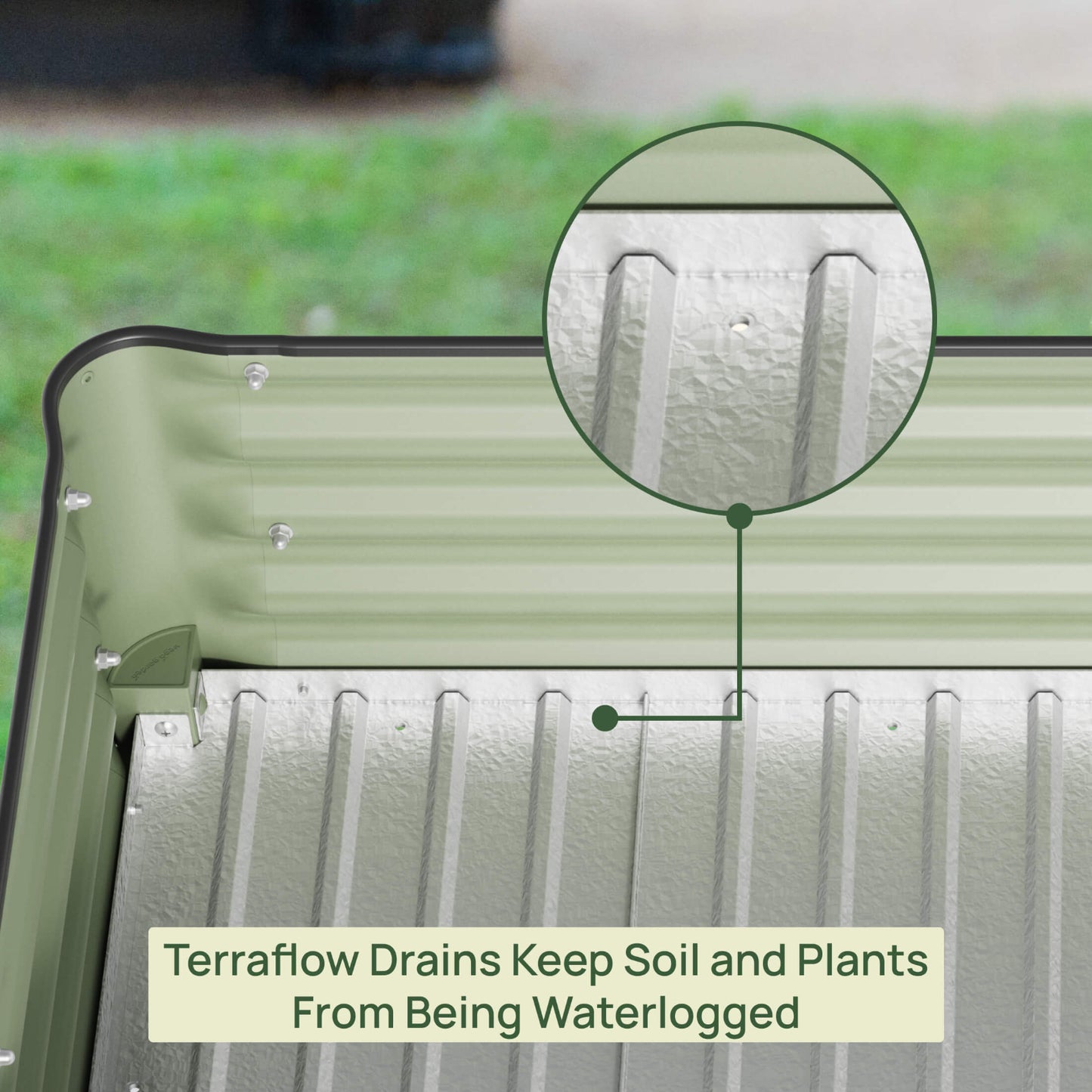 Close-up of a garden bed with a focus on the terraflow drain system, highlighting how it prevents waterlogging.