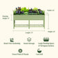 Green raised garden bed with dimensions and features listed on a white background. Features include: bend-free gardening, smart storage, large planting space (1728 square inches) fewer pests and weeds, and less soil.

Dimensions: 72 inches long by 24 inches wide and total height of 32 inches and a planting height of 12 inches. 