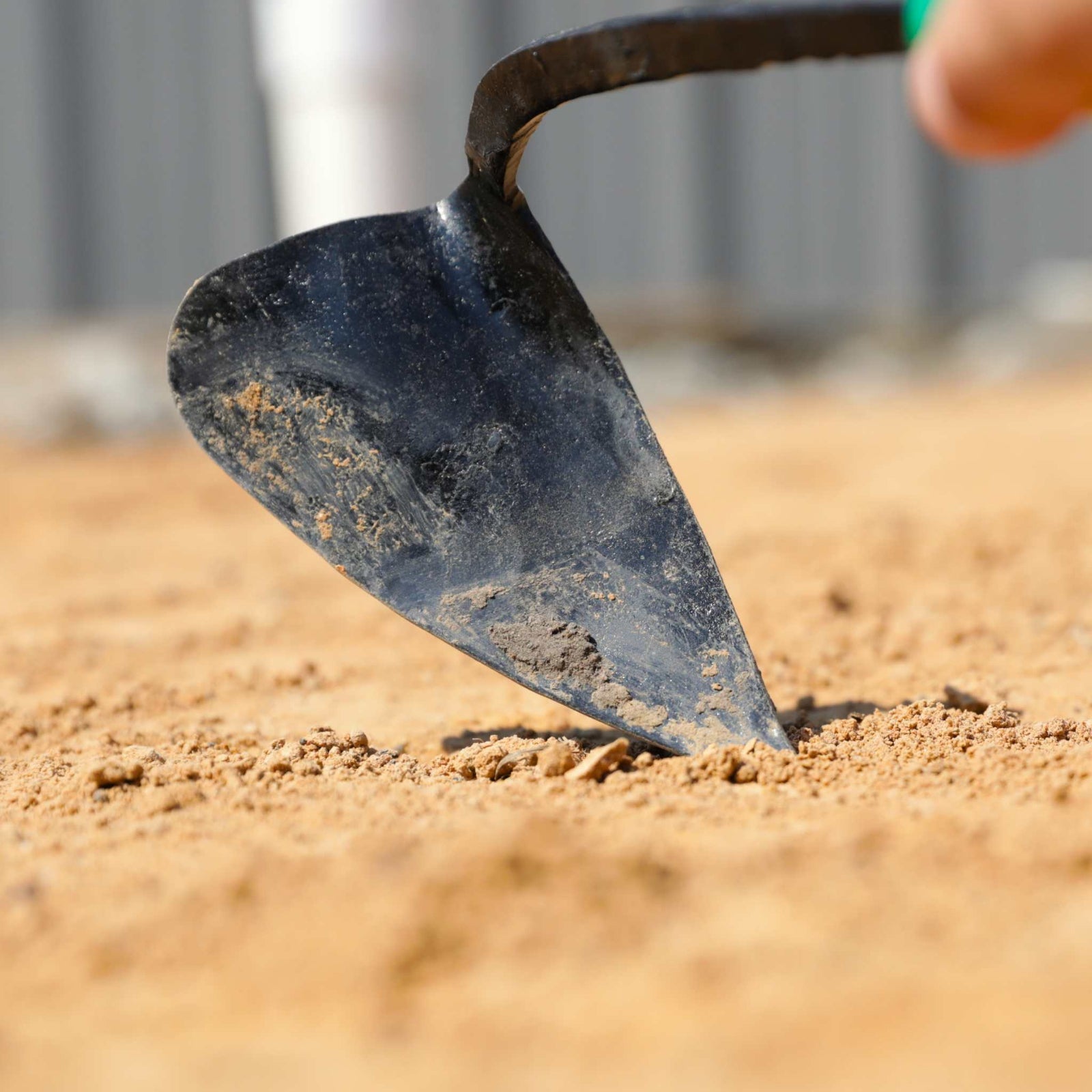 Person using the EZ-Digger Korean triangle blade tool in soil