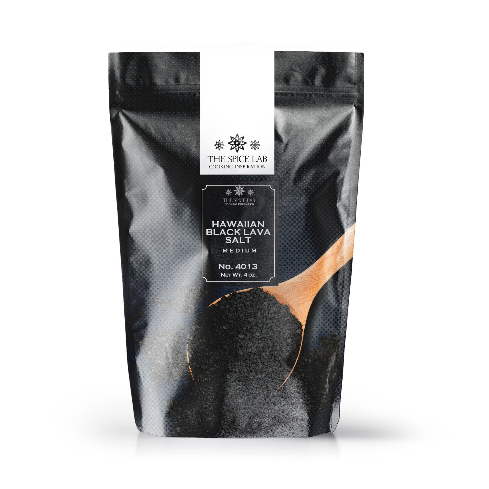 Black packaging of Hawaiian Black Lava Salt with visible branding on a white background